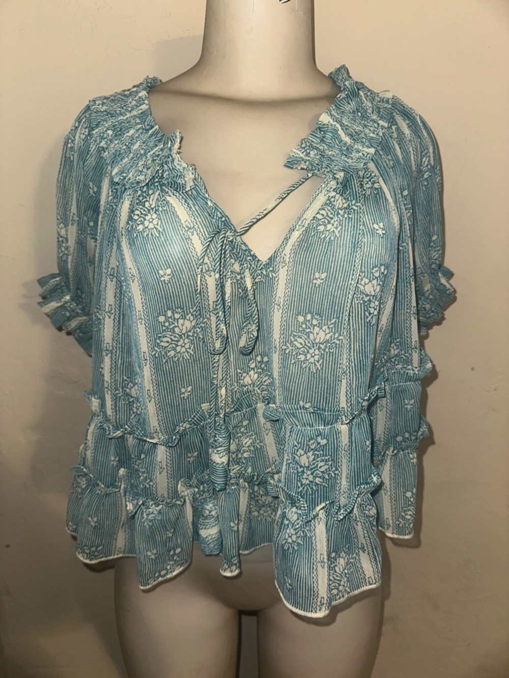 Free People Blue Floral Ruffled Peasant Top